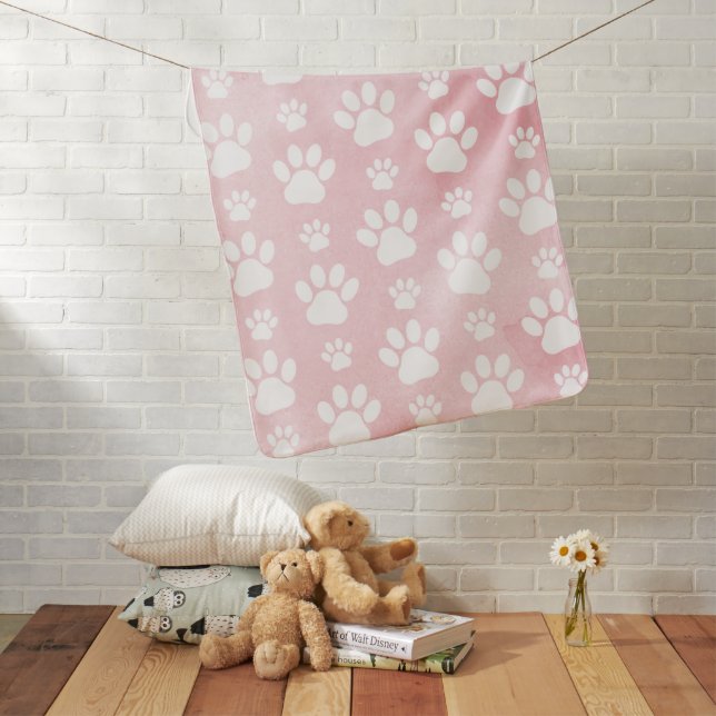 Pattern Of Paws, White Paws, Watercolors, Pink Baby Blanket (In Situ)