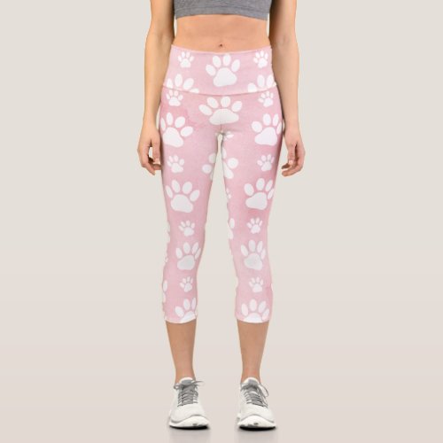 Pattern Of Paws White Paws Watercolors Pink Capri Leggings