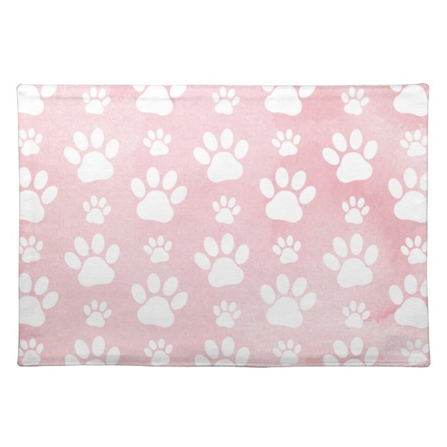 Pattern Of Paws, White Paws, Watercolors, Pink Cloth Placemat (Front)
