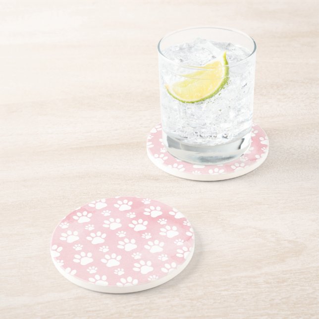Pattern Of Paws, White Paws, Watercolors, Pink Coaster (Side)