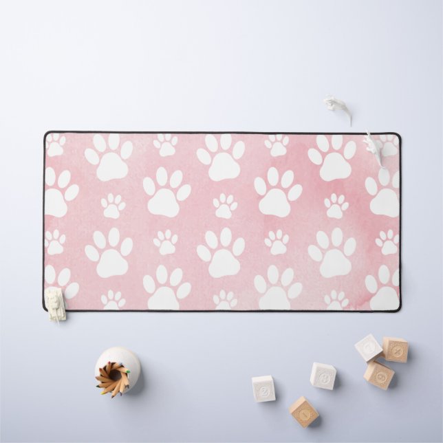 Pattern Of Paws, White Paws, Watercolors, Pink Desk Mat (Kids Table)