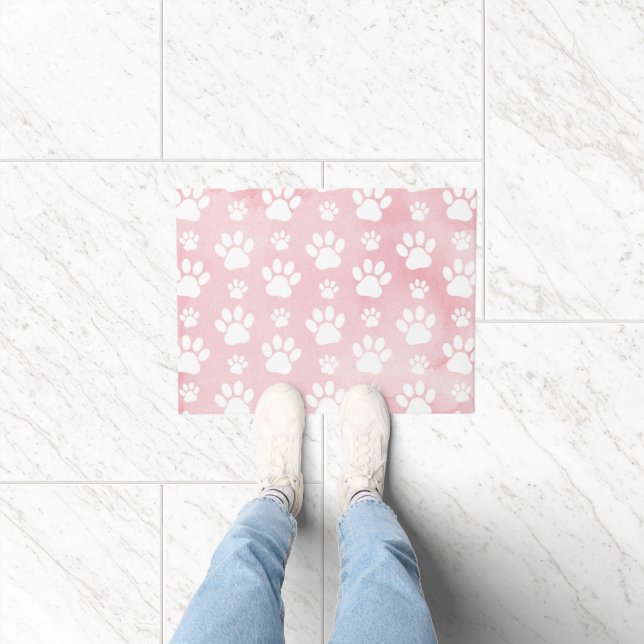 Pattern Of Paws, White Paws, Watercolors, Pink Doormat (Indoor)