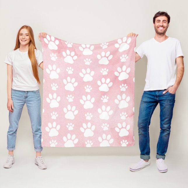 Pattern Of Paws, White Paws, Watercolors, Pink Fleece Blanket (In Situ)