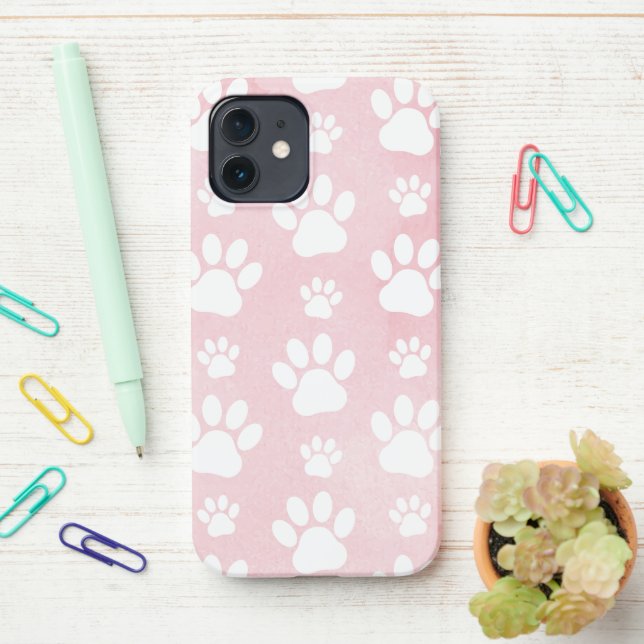 Pattern Of Paws, White Paws, Watercolors, Pink iPhone Case (On Desk)