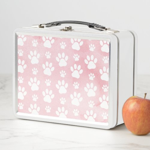 Pattern Of Paws White Paws Watercolors Pink Metal Lunch Box