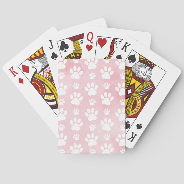 Pattern Of Paws, White Paws, Watercolors, Pink Poker Cards (Back)