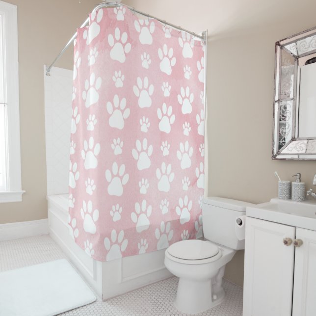 Pattern Of Paws, White Paws, Watercolors, Pink Shower Curtain (In Situ)