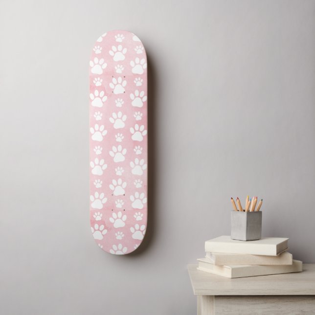 Pattern Of Paws, White Paws, Watercolors, Pink Skateboard (Wall Art)