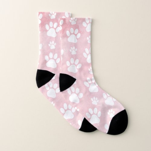 Pattern Of Paws White Paws Watercolors Pink Socks