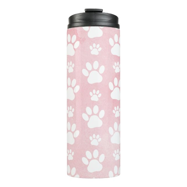 Pattern Of Paws, White Paws, Watercolors, Pink Thermal Tumbler (Front)