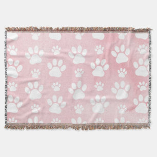 Pattern Of Paws, White Paws, Watercolors, Pink Throw Blanket