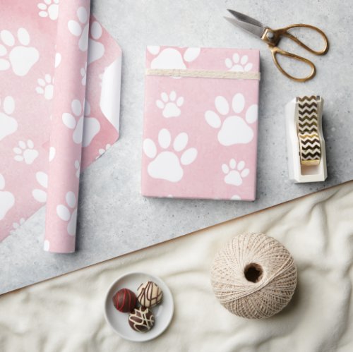 Pattern Of Paws White Paws Watercolors Pink Wrapping Paper