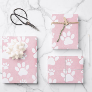 Pattern Of Paws, White Paws, Watercolors, Pink Wrapping Paper Sheets