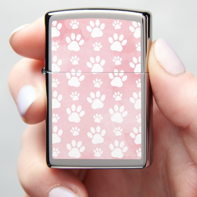 Pattern Of Paws, White Paws, Watercolors, Pink Zippo Lighter (In Hand)