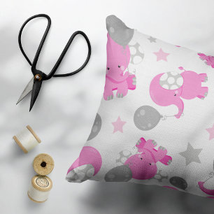 Pattern Of Pink Elephants, Cute Elephants, Stars Accent Pillow