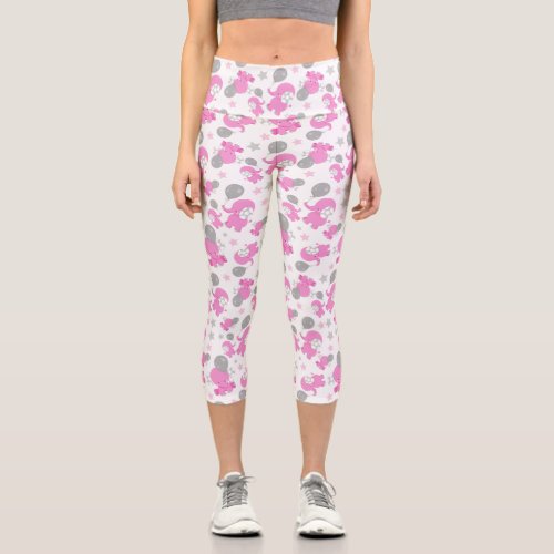 Pattern Of Pink Elephants Cute Elephants Stars Capri Leggings