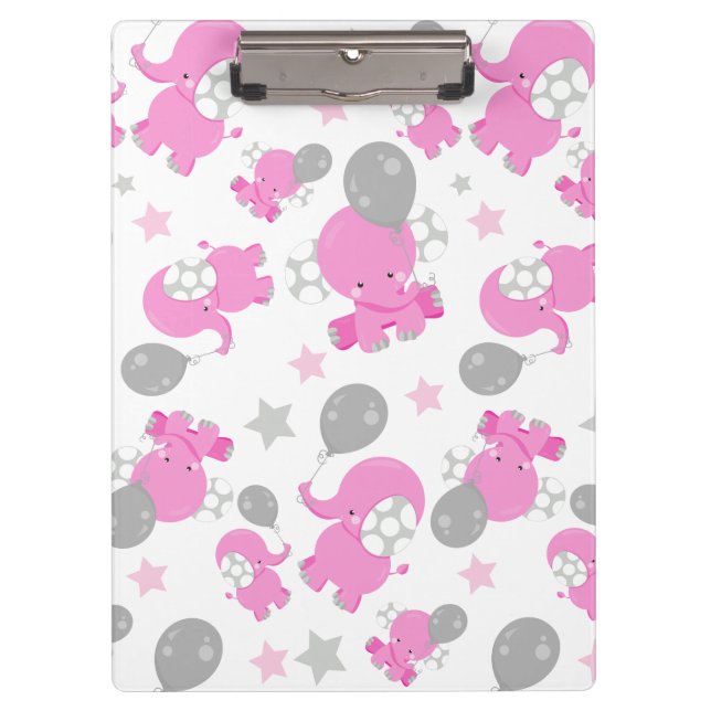 Pattern Of Pink Elephants, Cute Elephants, Stars Clipboard (Front)