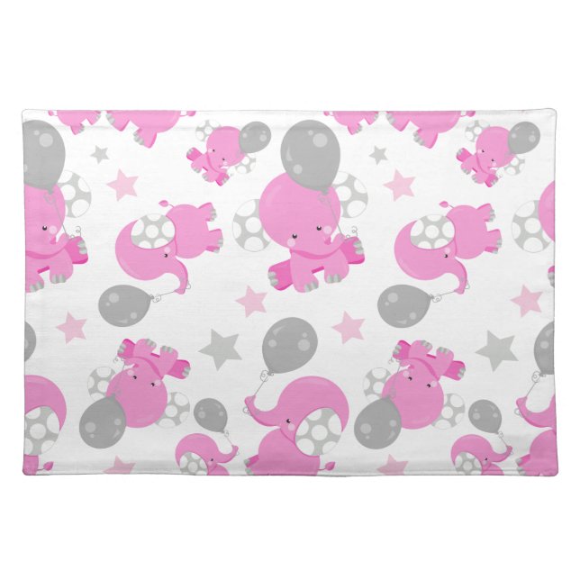 Pattern Of Pink Elephants, Cute Elephants, Stars Cloth Placemat (Front)