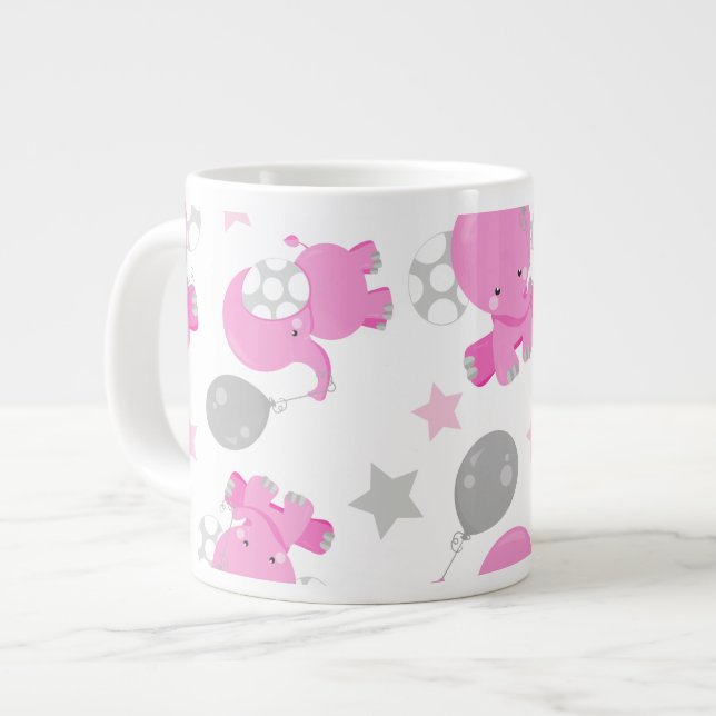 Pattern Of Pink Elephants, Cute Elephants, Stars Giant Coffee Mug (Front Left)