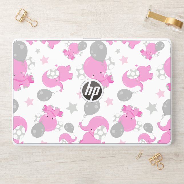 Pattern Of Pink Elephants, Cute Elephants, Stars HP Laptop Skin (Desk)