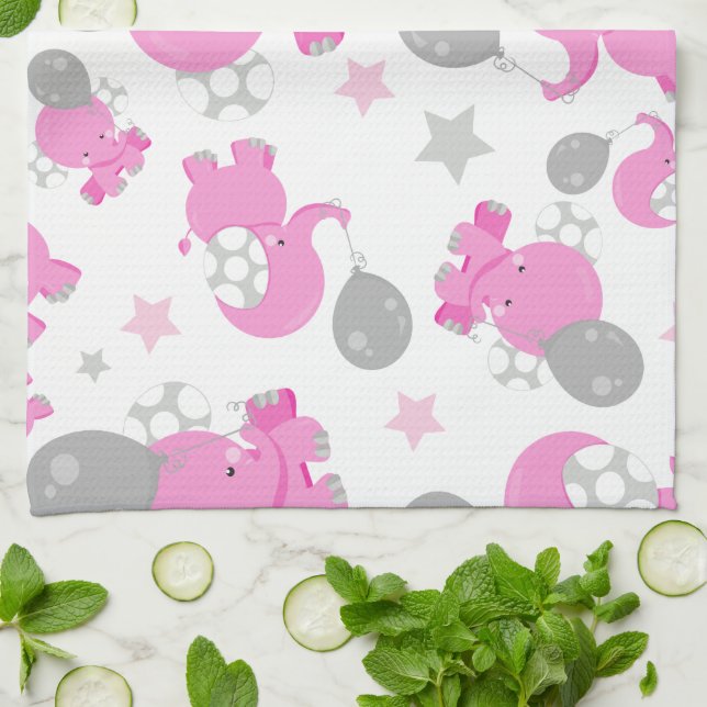 Pattern Of Pink Elephants, Cute Elephants, Stars Kitchen Towel (Folded)