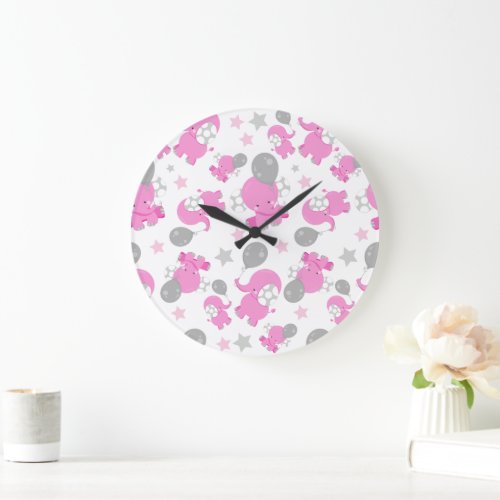 Pattern Of Pink Elephants Cute Elephants Stars Large Clock