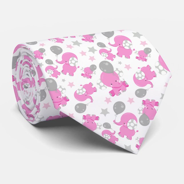Pattern Of Pink Elephants, Cute Elephants, Stars Neck Tie (Rolled)