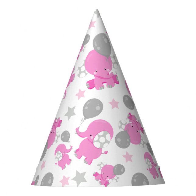 Pattern Of Pink Elephants, Cute Elephants, Stars Party Hat (Front)