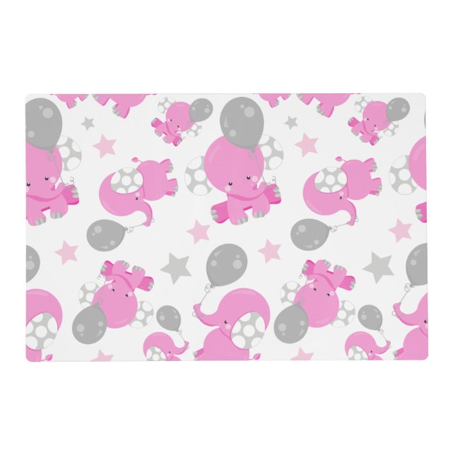 Pattern Of Pink Elephants, Cute Elephants, Stars Placemat (Front)