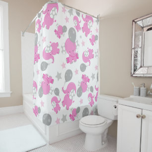 Pattern Of Pink Elephants, Cute Elephants, Stars Shower Curtain