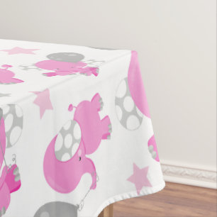Pattern Of Pink Elephants, Cute Elephants, Stars Tablecloth