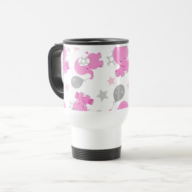 Pattern Of Pink Elephants, Cute Elephants, Stars Travel Mug (Front Left)