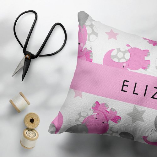 Pattern Of Pink Elephants Stars Your Name Accent Pillow