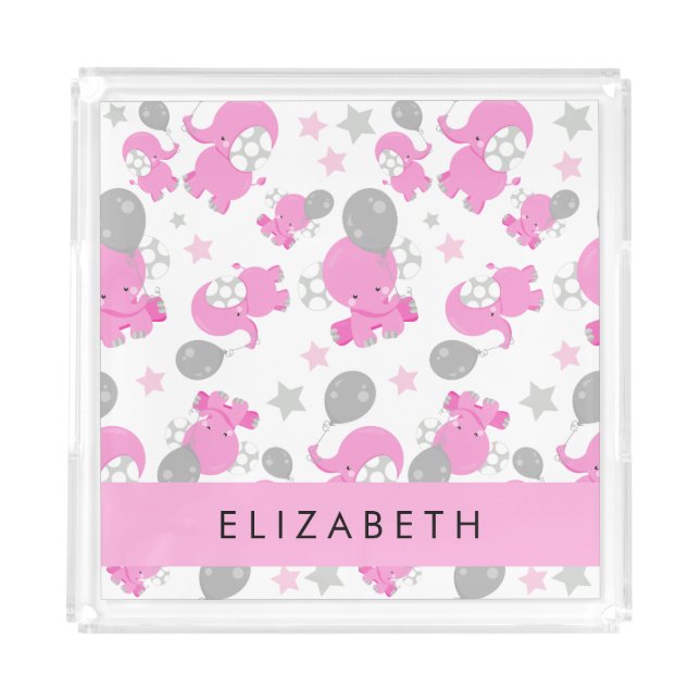 Pattern Of Pink Elephants, Stars, Your Name Acrylic Tray (Front)