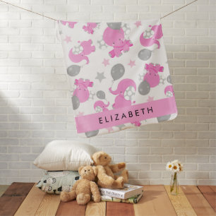 Pattern Of Pink Elephants, Stars, Your Name Baby Blanket