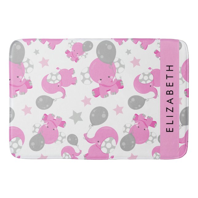 Pattern Of Pink Elephants, Stars, Your Name Bath Mat (Front)