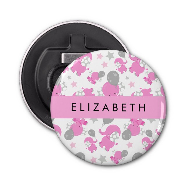 Pattern Of Pink Elephants, Stars, Your Name Bottle Opener (Front)