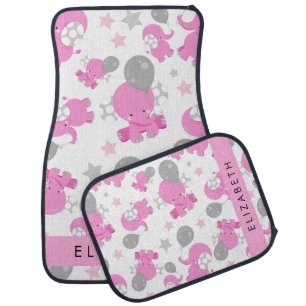 Pattern Of Pink Elephants, Stars, Your Name Car Floor Mat