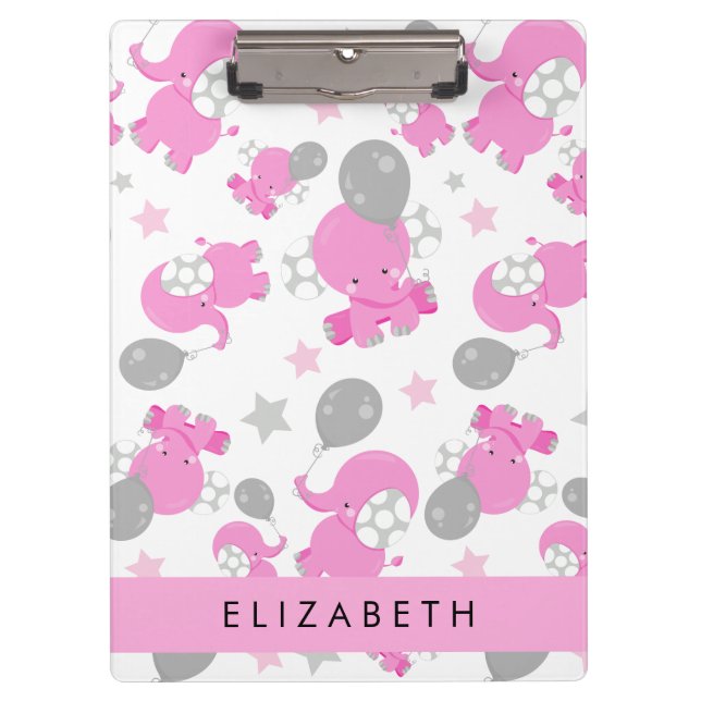 Pattern Of Pink Elephants, Stars, Your Name Clipboard (Front)