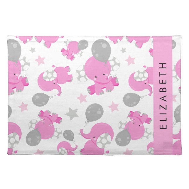 Pattern Of Pink Elephants, Stars, Your Name Cloth Placemat (Front)