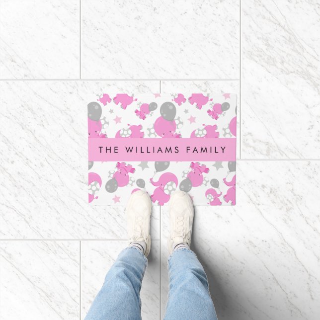 Pattern Of Pink Elephants, Stars, Your Name Doormat (Indoor)