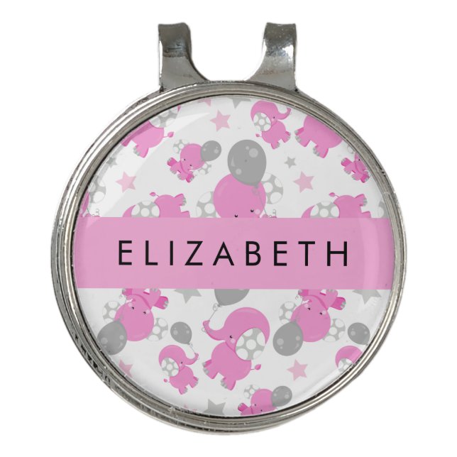 Pattern Of Pink Elephants, Stars, Your Name Golf Hat Clip (Front)