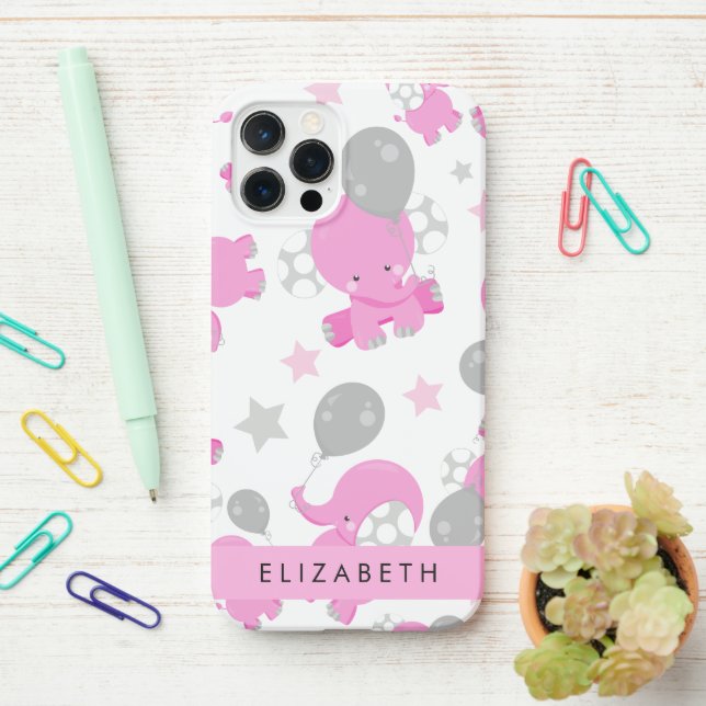 Pattern Of Pink Elephants, Stars, Your Name iPhone Case (On Desk)