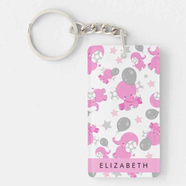 Pattern Of Pink Elephants, Stars, Your Name Keychain (Front)