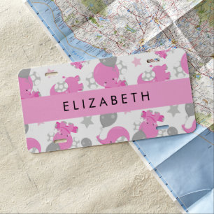 Pattern Of Pink Elephants, Stars, Your Name License Plate