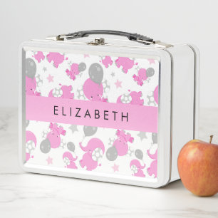 Pattern Of Pink Elephants, Stars, Your Name Metal Lunch Box