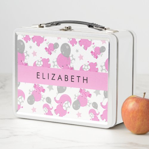 Pattern Of Pink Elephants Stars Your Name Metal Lunch Box