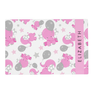 Pattern Of Pink Elephants, Stars, Your Name Placemat