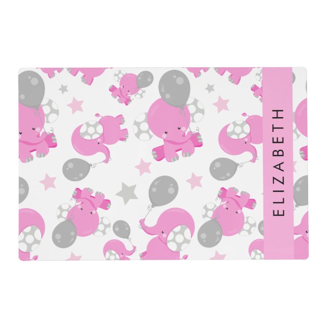 Pattern Of Pink Elephants, Stars, Your Name Placemat (Front)