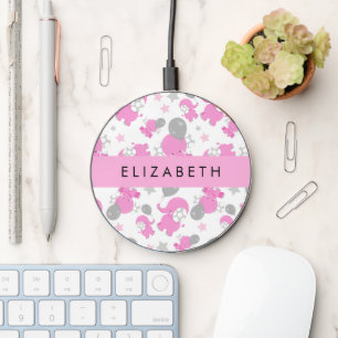 Pattern Of Pink Elephants, Stars, Your Name Wireless Charger